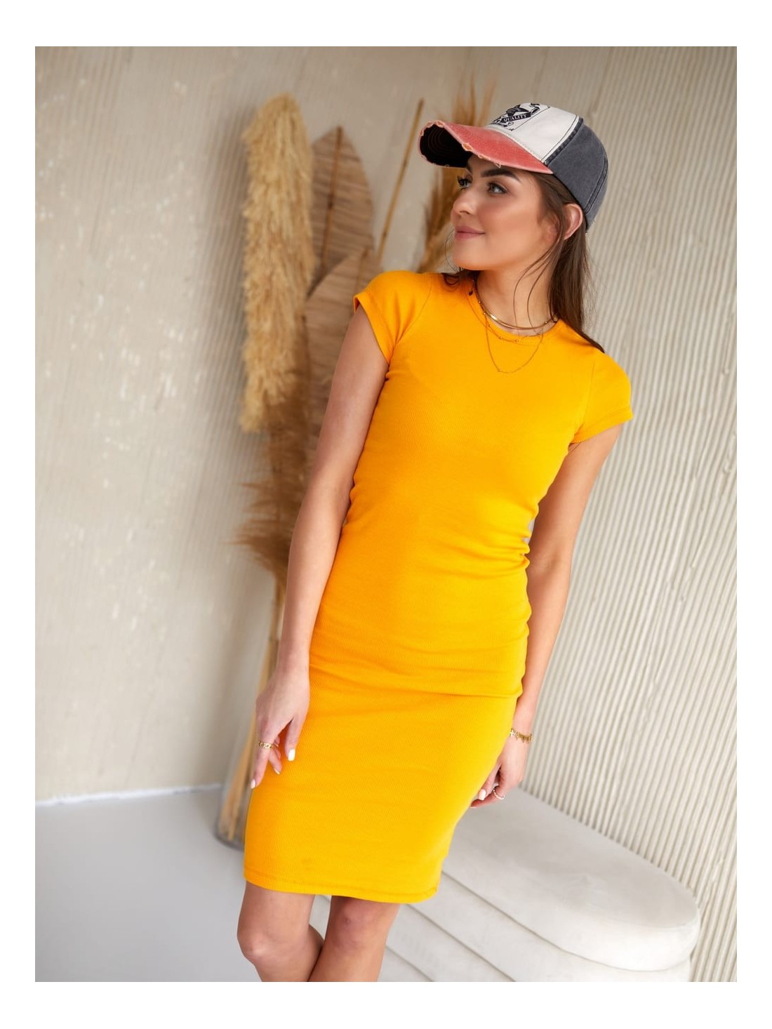 Pencil dress with short sleeves, mustard TS286 - Online store - Boutique